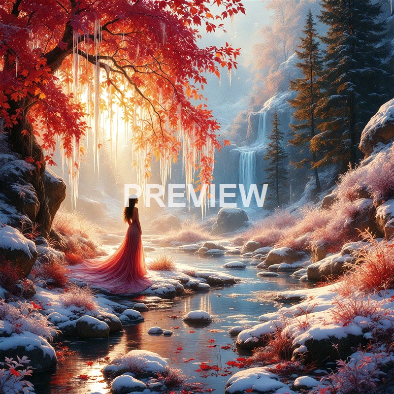 A woman in a flowing pink dress stands by a partially frozen stream in a vibrant, snow-covered landscape with a waterfall, pine trees, and colorful autumn leaves hanging from a tree, all illuminated by a warm, glowing light.